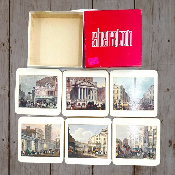 Vintage Sharaton LONDON 19TH Century Historic Architecture 6 Coaster Set - Picture 1 of 9